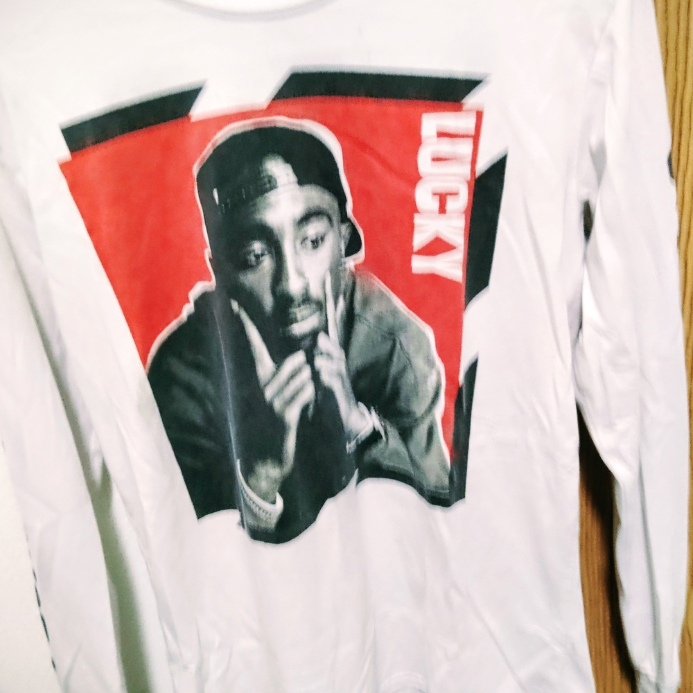 White Long Sleeve Graphic Tee with Red and Black Design
